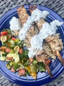 Greek Swordfish Kebabs with Tzatziki and Greek Relish