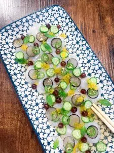 Spicy Scallop Crudo with Cucumber, Grapes and Yuzu Sake Sauce